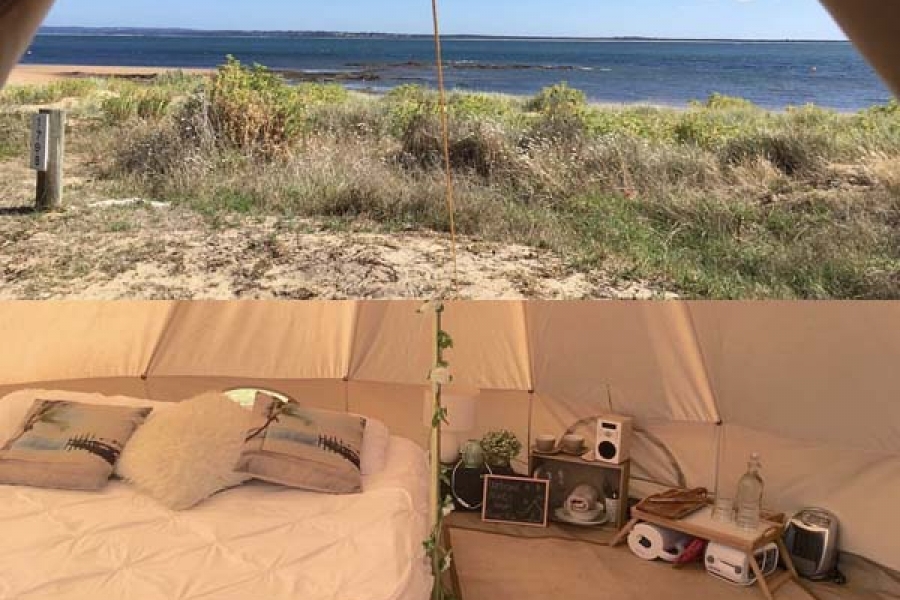 Image courtesy of Phillip Island Glamping Image of glamping tent exterior and interior layout