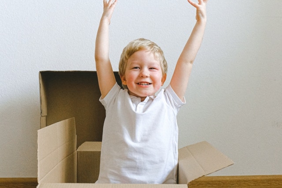 boy-in-white-crew-neck-t-shirt-inside-a-box Boy raises hands happily in box