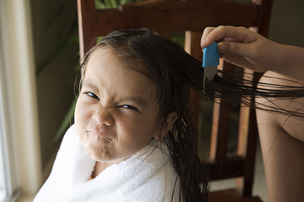 Little girl making a face at the camera as someone combs her hair for head lice